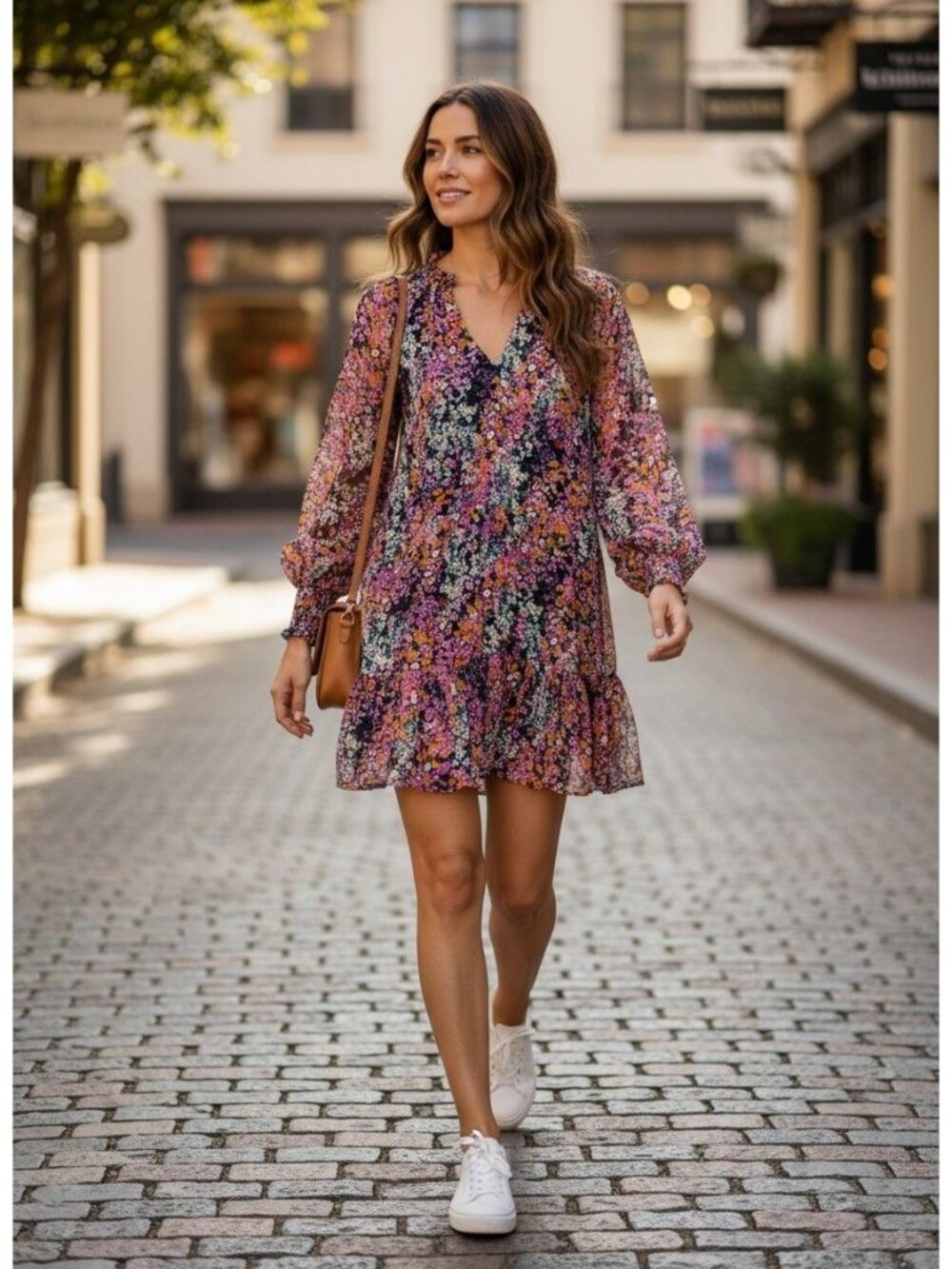 Vince Camuto Floral Chiffon Long Sleeve Midi Dress XXL Black Pink Polyester